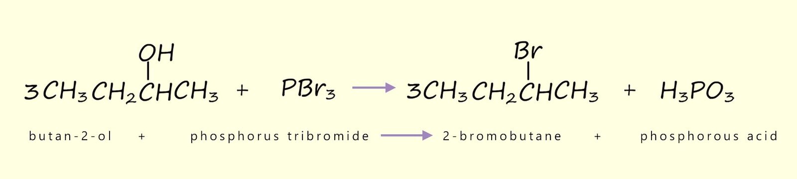 Word and balanced symbolic equations to show the bromination of a secondary alcohol using phosphorus trichloride PCl3